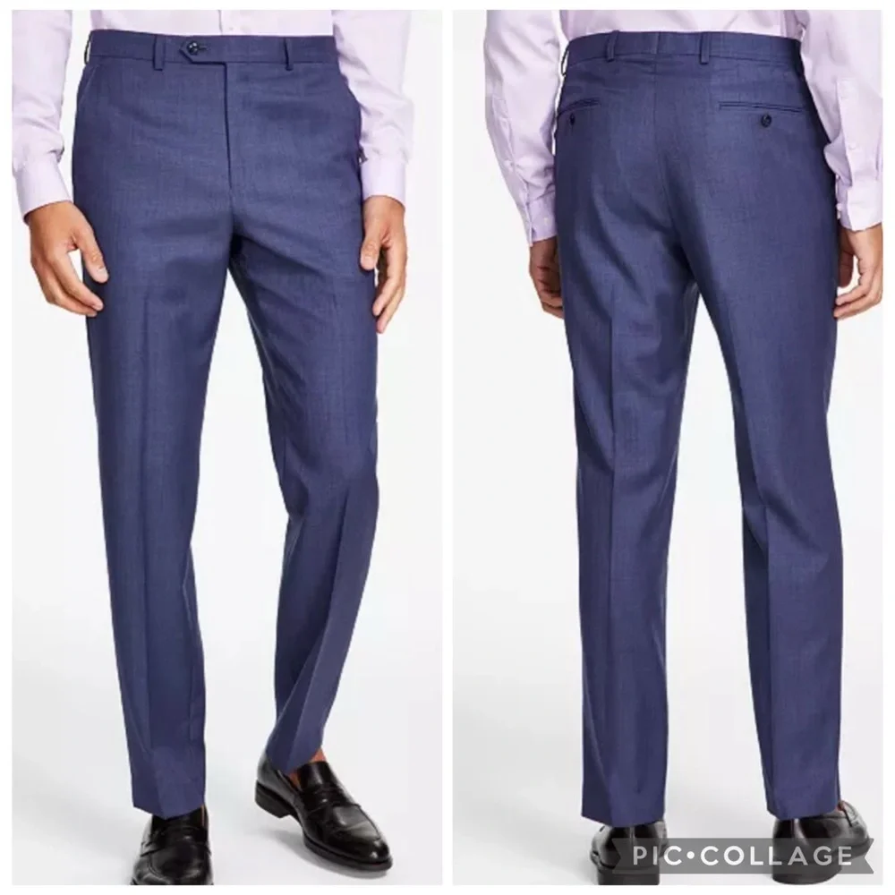 NWT Michael Kors Malone Light Blue Classic-Fit Wool-Blend Stretch Pants 42Wx30